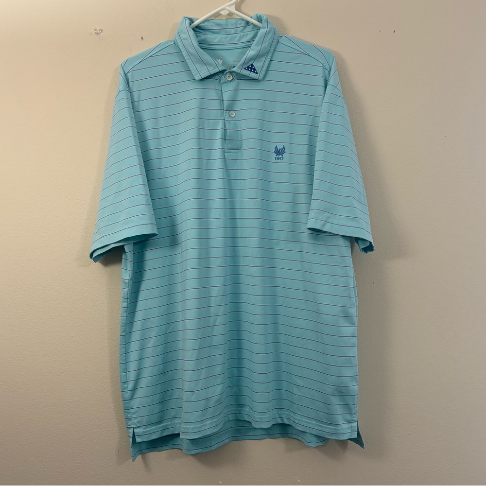 FG Tech polo men’s XL light blue striped shirt American flag golf 1917